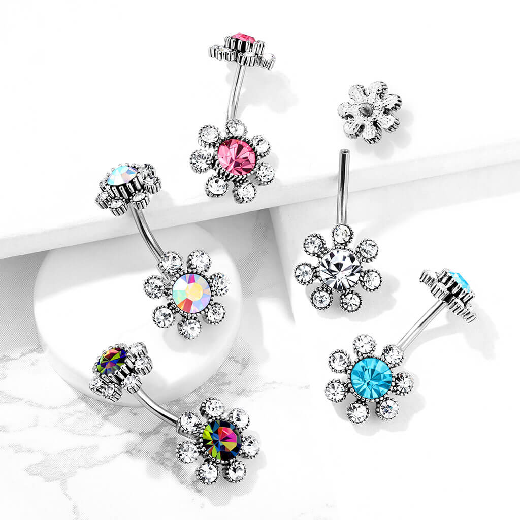 Belly Button Piercing Flower Zirconia Silver Internally Threaded - Image 8