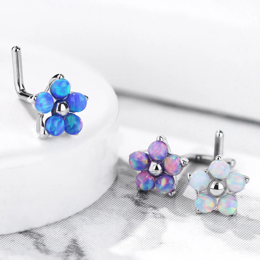 Nose L-Shape Flower Opal Silver - Image 8