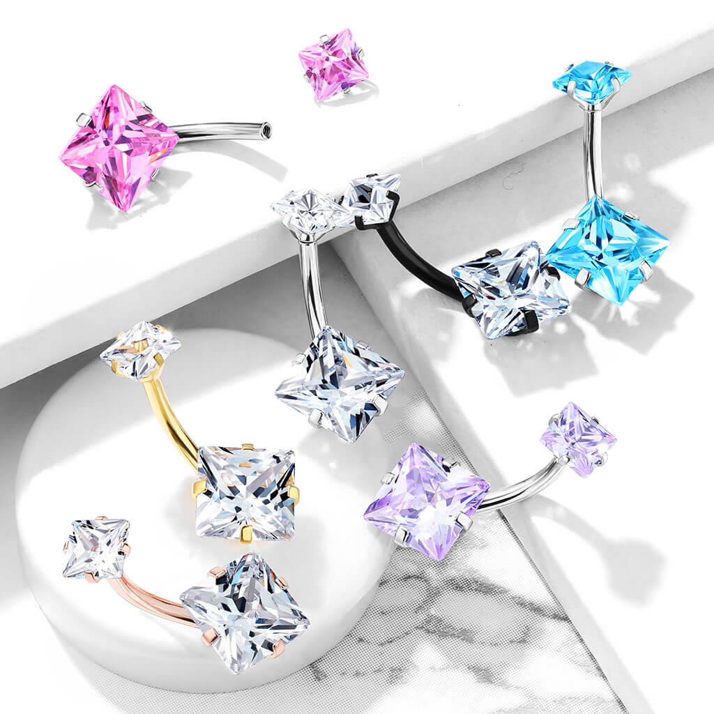 Belly Button Piercing Square Zirconia Internally Threaded - Image 9