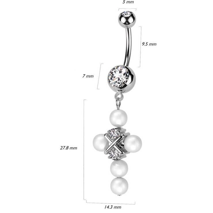 Belly Button Piercing cross dangle pearl zirconia - Image 2