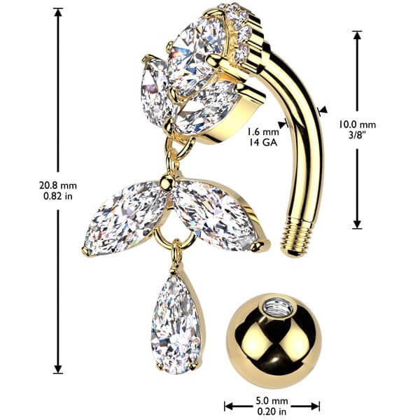 Belly Button Piercing titanium brass top down zirconia dangle - Image 2