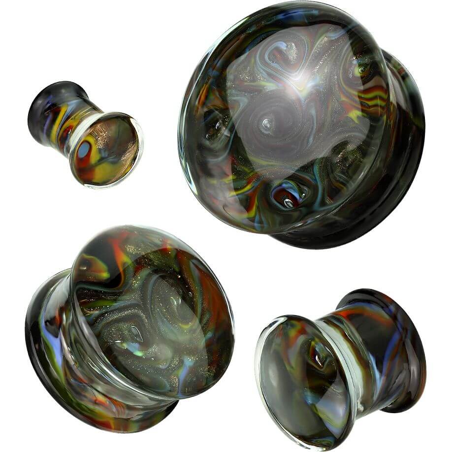 Glass Plug black with multicolour swirl double flare - Image 3