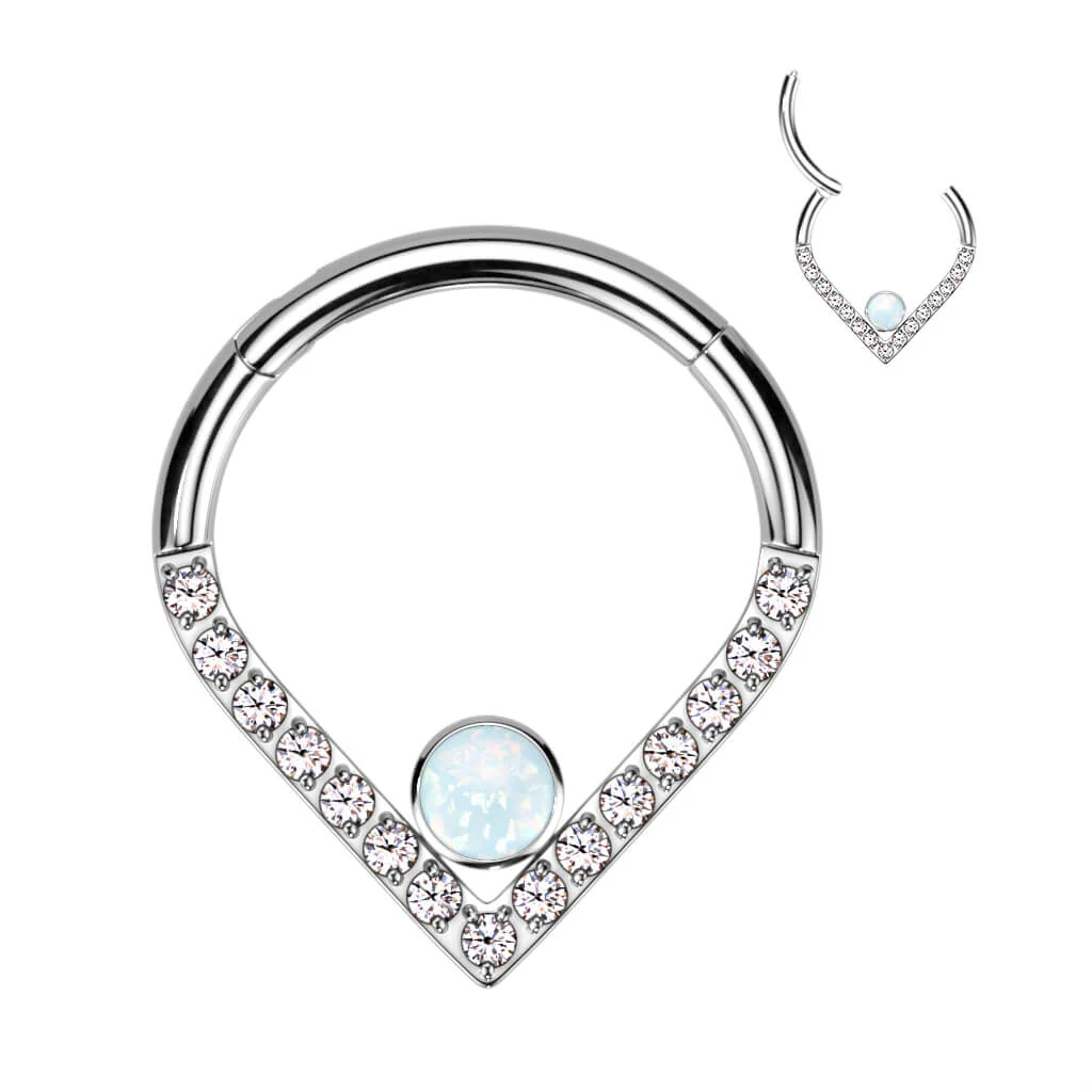 Titanium Ring Chevron Zirconia Opal Silver Clicker - Image 4