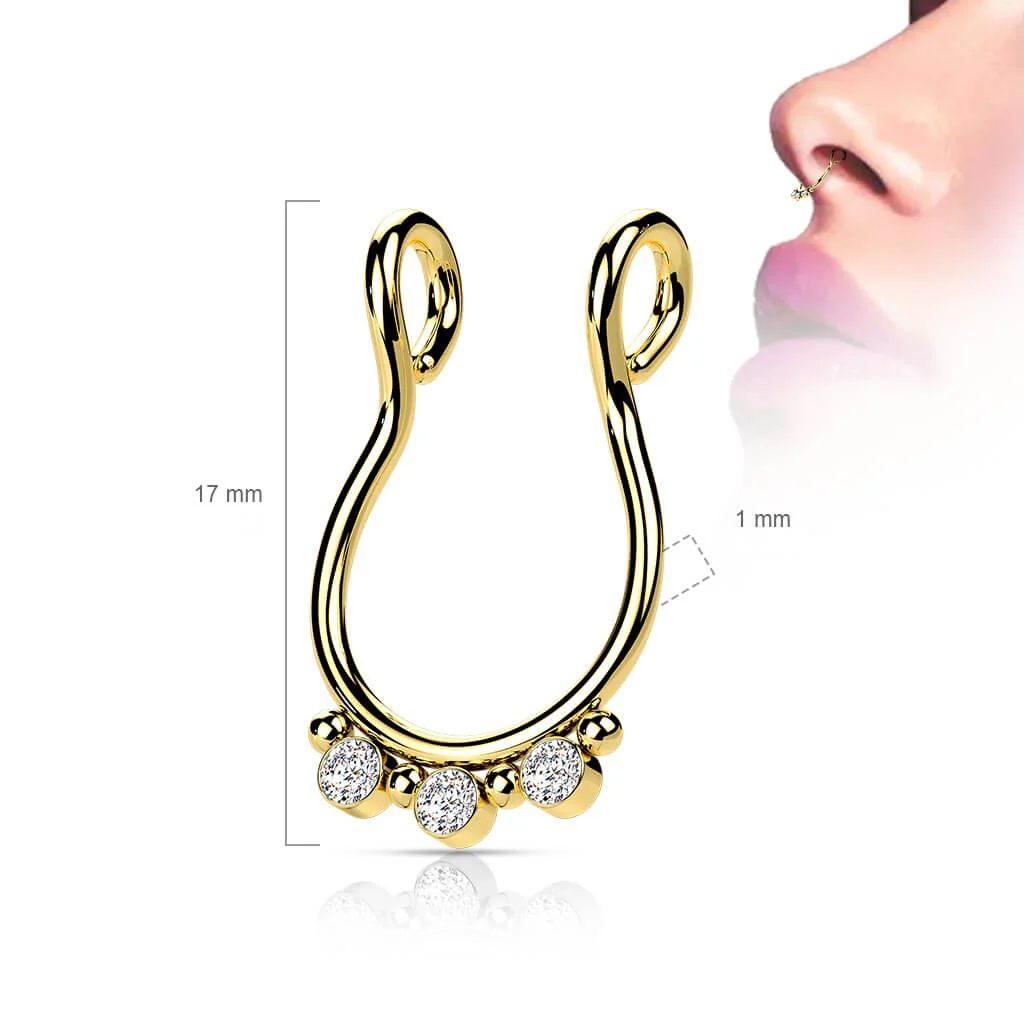 Fake Nose Piercing Septum 3 Zirconia Flat Bendable - Image 2