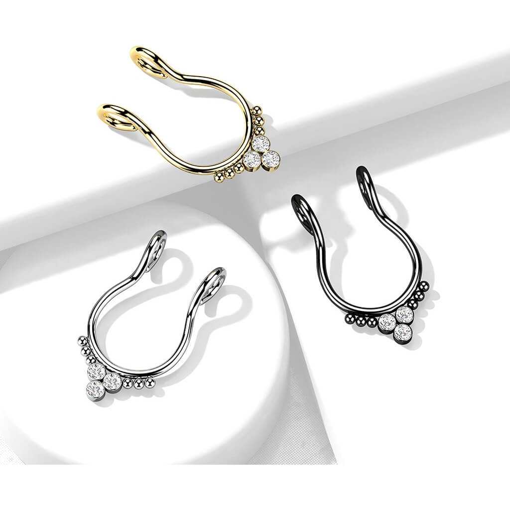 Fake Nose Piercing Septum Triangle 3 Zirconia Flat Bendable - Image 5