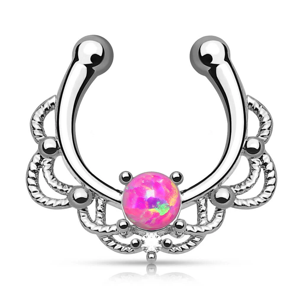 Fake Nose Piercing Septum Opal Round Silver Bendable - Image 4