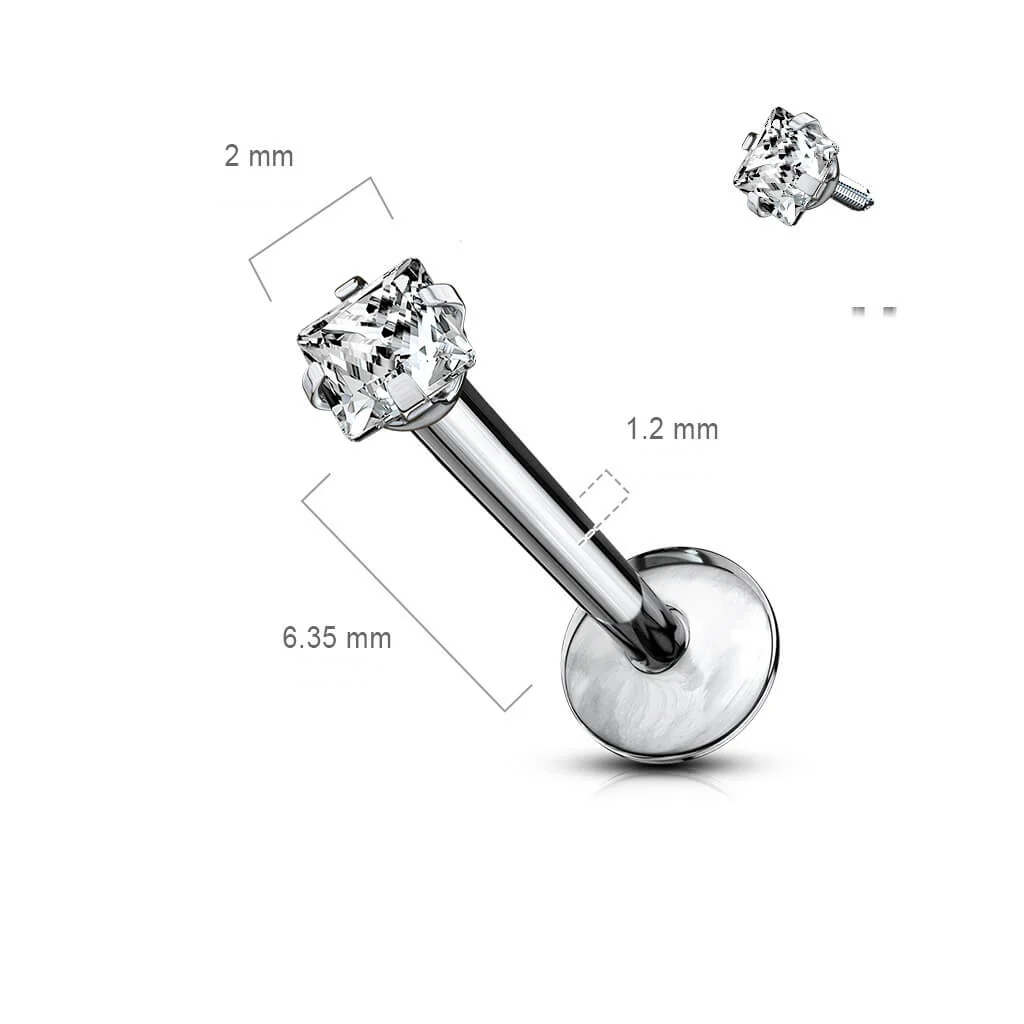 Titanium Labret Square Zirconia Silver Internally Threaded - Image 2