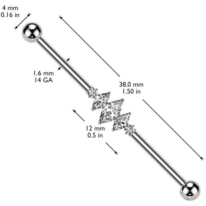 Titanium Industrial Barbell 3 marquise cut 2 round zirconias Internally Threaded - Image 2