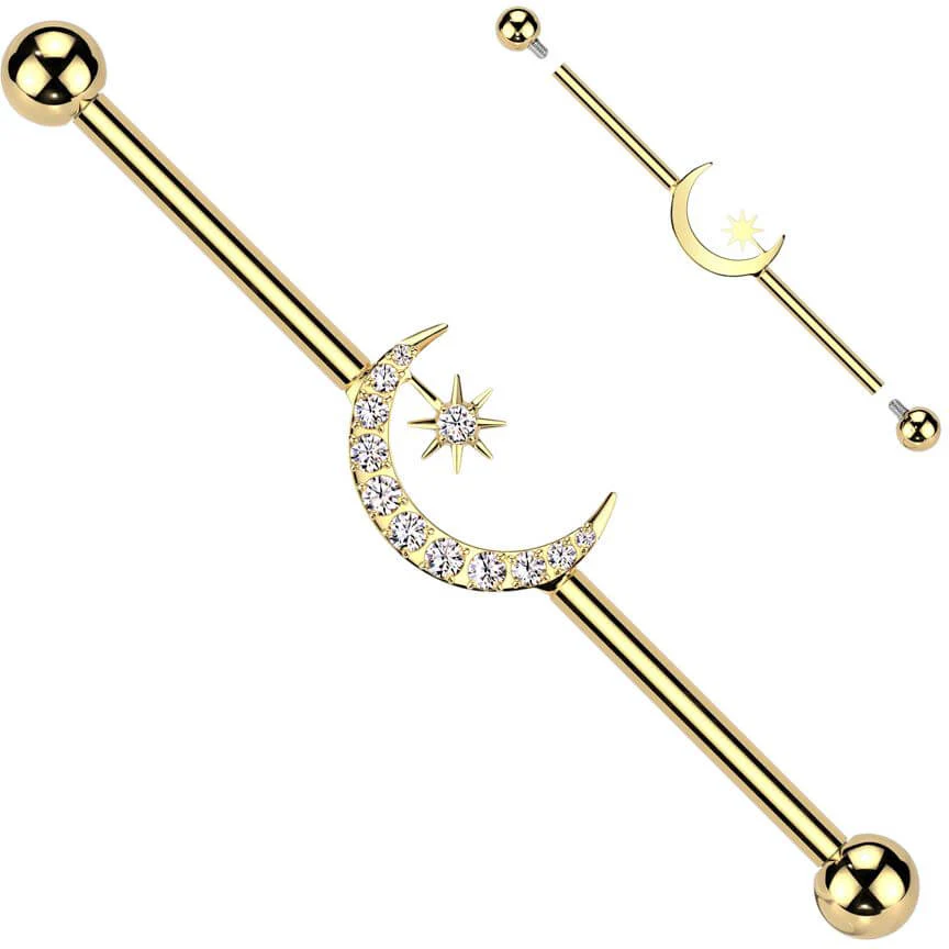 Titanium Industrial Barbell hilal ottoman moon star zirconia Internally Threaded - Image 3