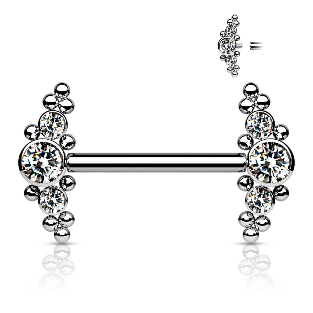 Titanium Nipple Piercing 3 Zirconia Cluster Silver Internally Threaded - Image 4