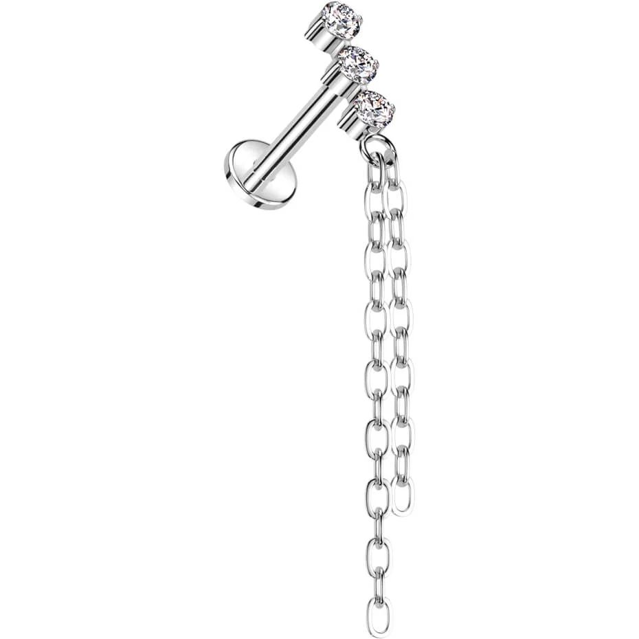 Titanium Labret 3 Zirconia Chain dangle Internally Threaded - Image 3