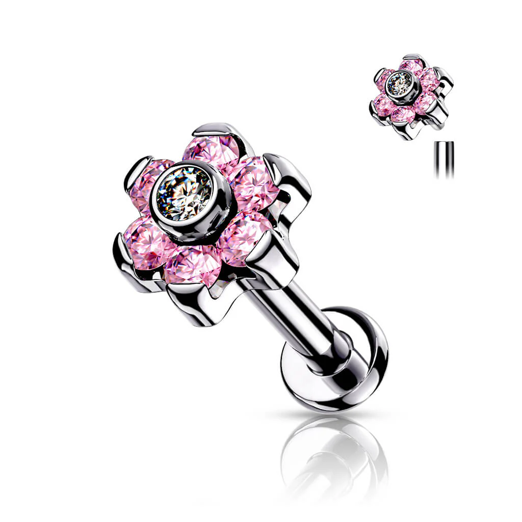 Titanium Labret Flower Zirconia Silver Internally Threaded - Image 6