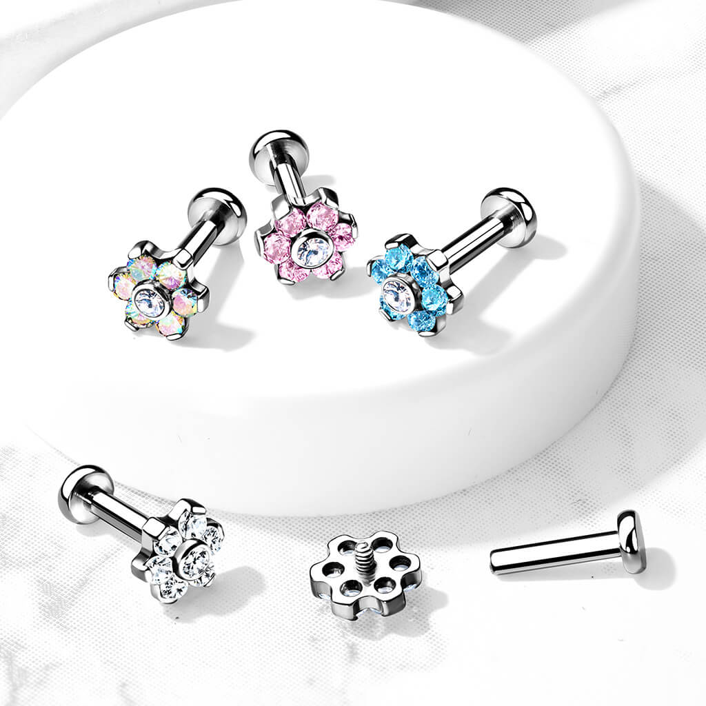 Titanium Labret Flower Zirconia Silver Internally Threaded - Image 7