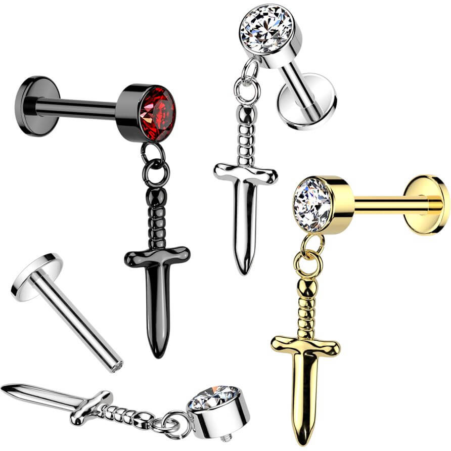 Titanium Labret zirconia sword dangle Internally Threaded - Image 3