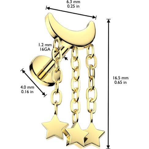 Titanium Labret crescent moon stars dangle Internally Threaded - Image 2