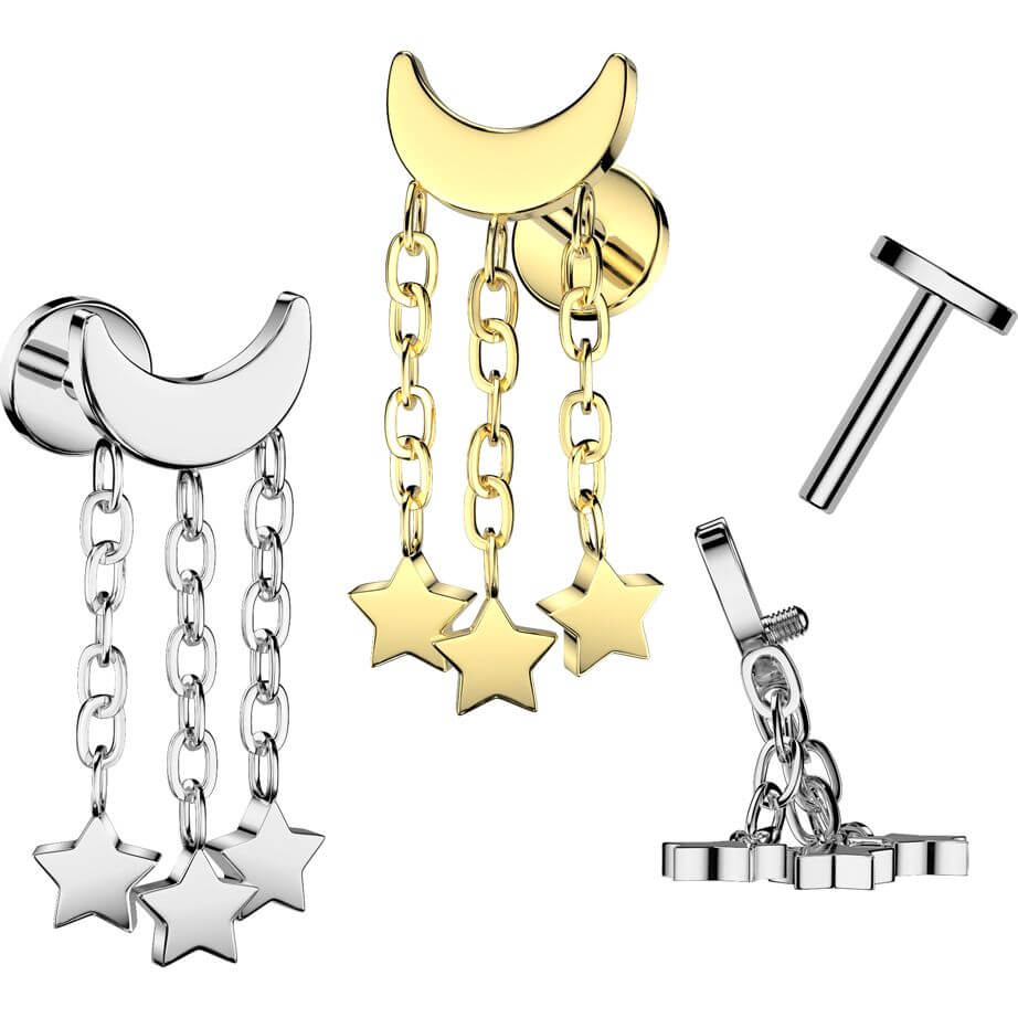 Titanium Labret crescent moon stars dangle Internally Threaded - Image 3