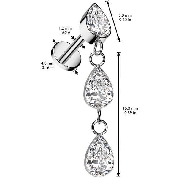 Titanium Labret Teardrop zirconia dangle Internally Threaded - Image 2