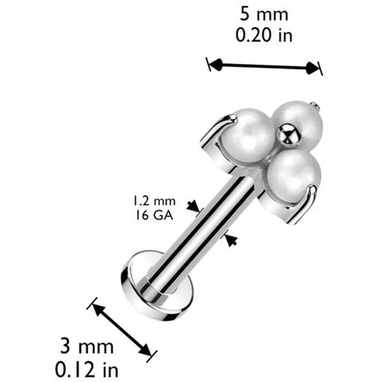 Titanium Labret 3 pearls triangle prong setting Internally Threaded - Image 2