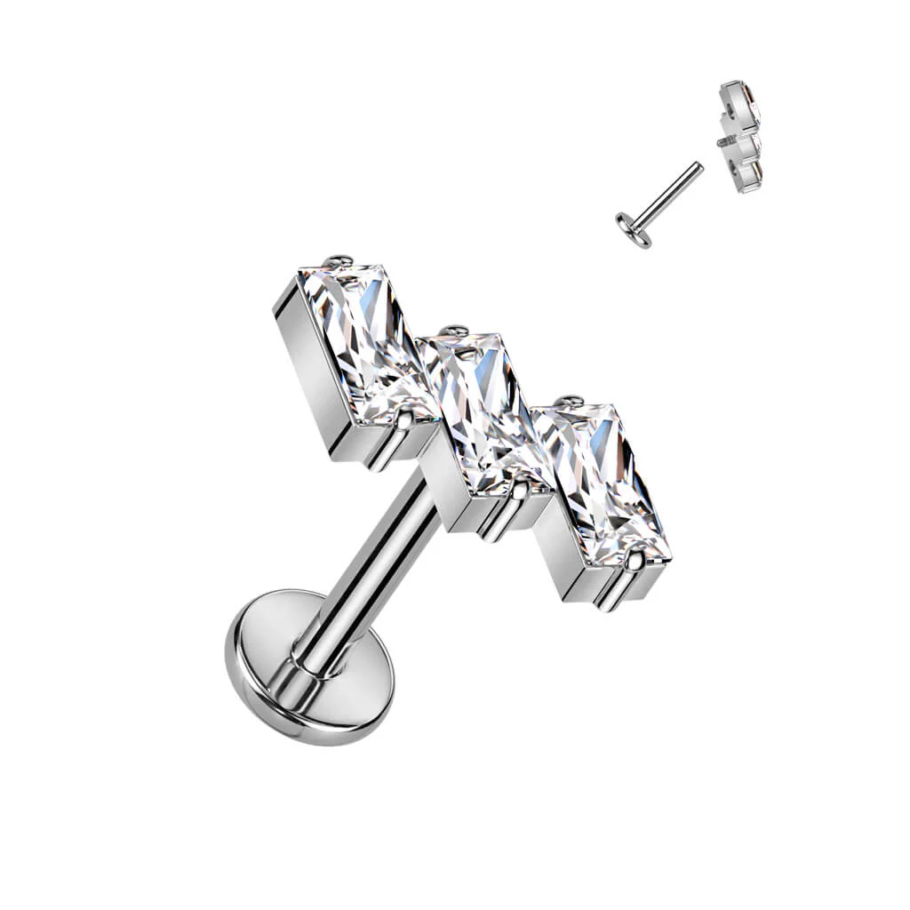 Titanium Labret Baguette 3 Zirconia Internally Threaded - Image 2