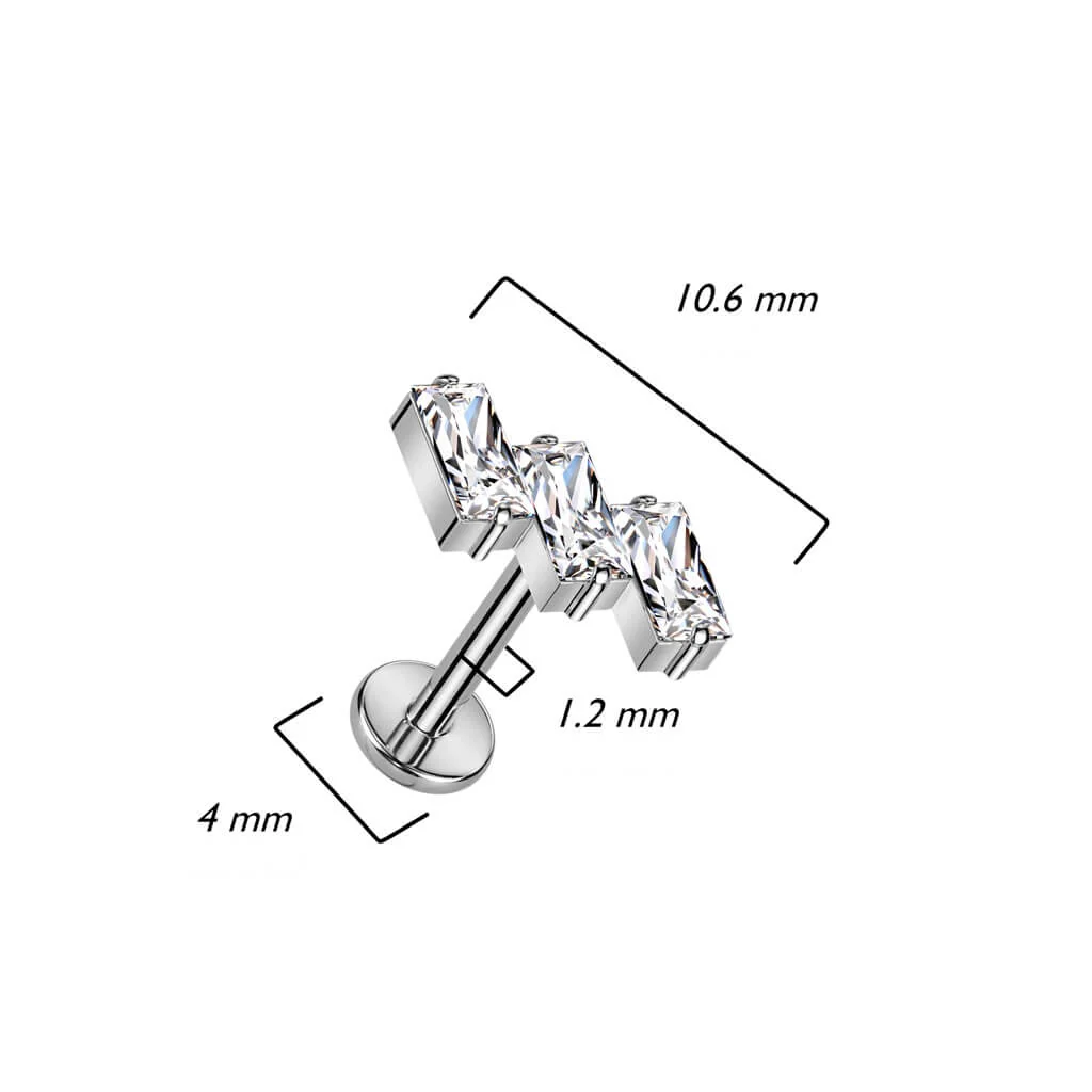 Titanium Labret Baguette 3 Zirconia Internally Threaded - Image 3