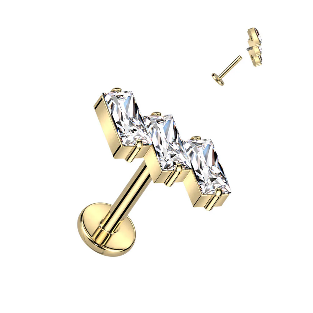Titanium Labret Baguette 3 Zirconia Internally Threaded - Image 4