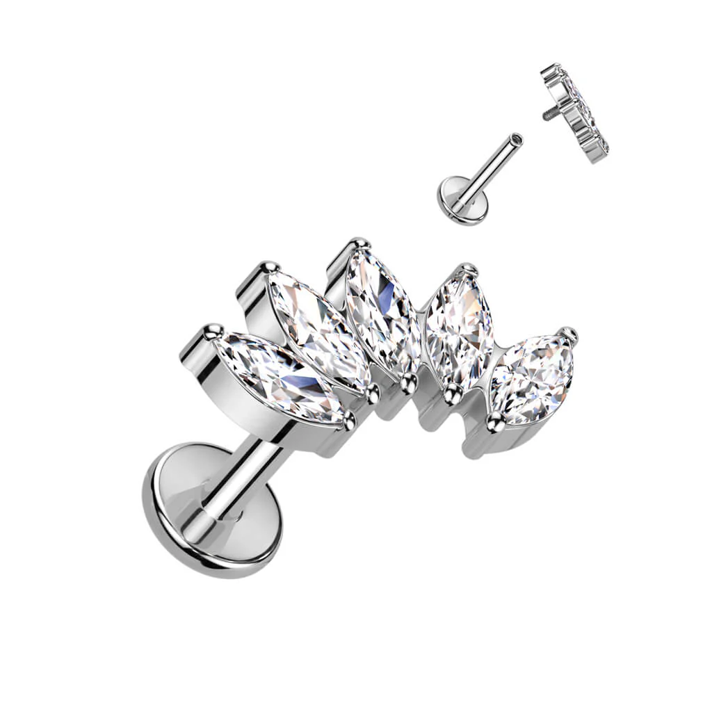 Titanium Labret Marquise Cut 5 Zirconia Internally Threaded - Image 2