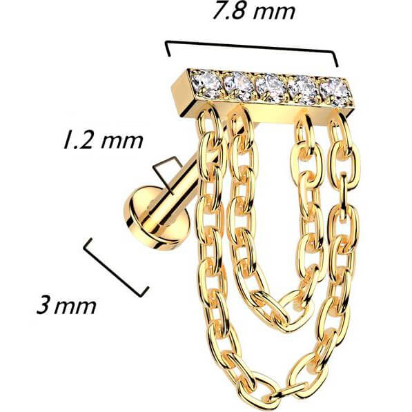 Titanium Labret Bar Chain dangle Zirconia Internally Threaded - Image 2