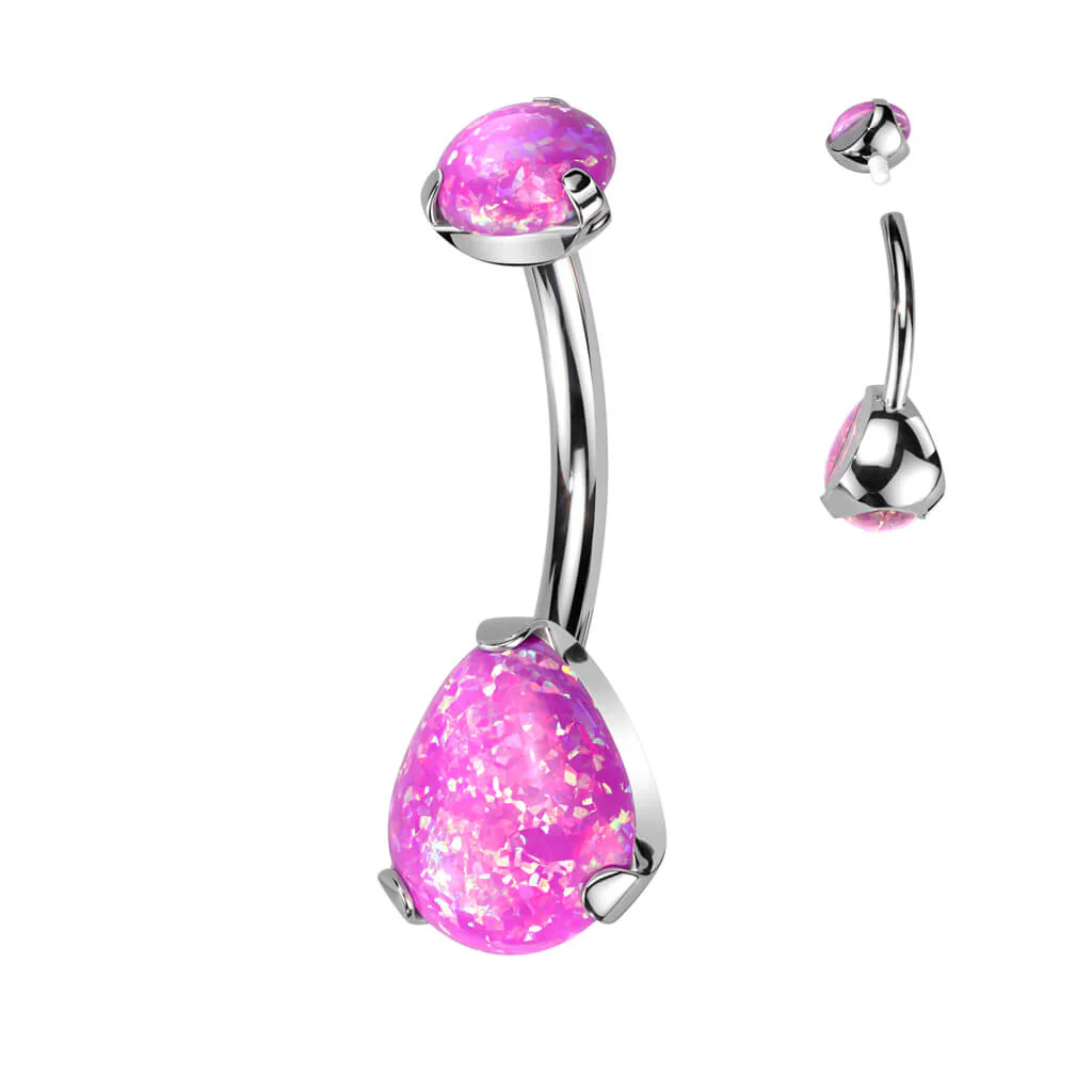 Titanium Belly Button Piercing Drop Opal ribbed setting Internally Threaded - Image 10