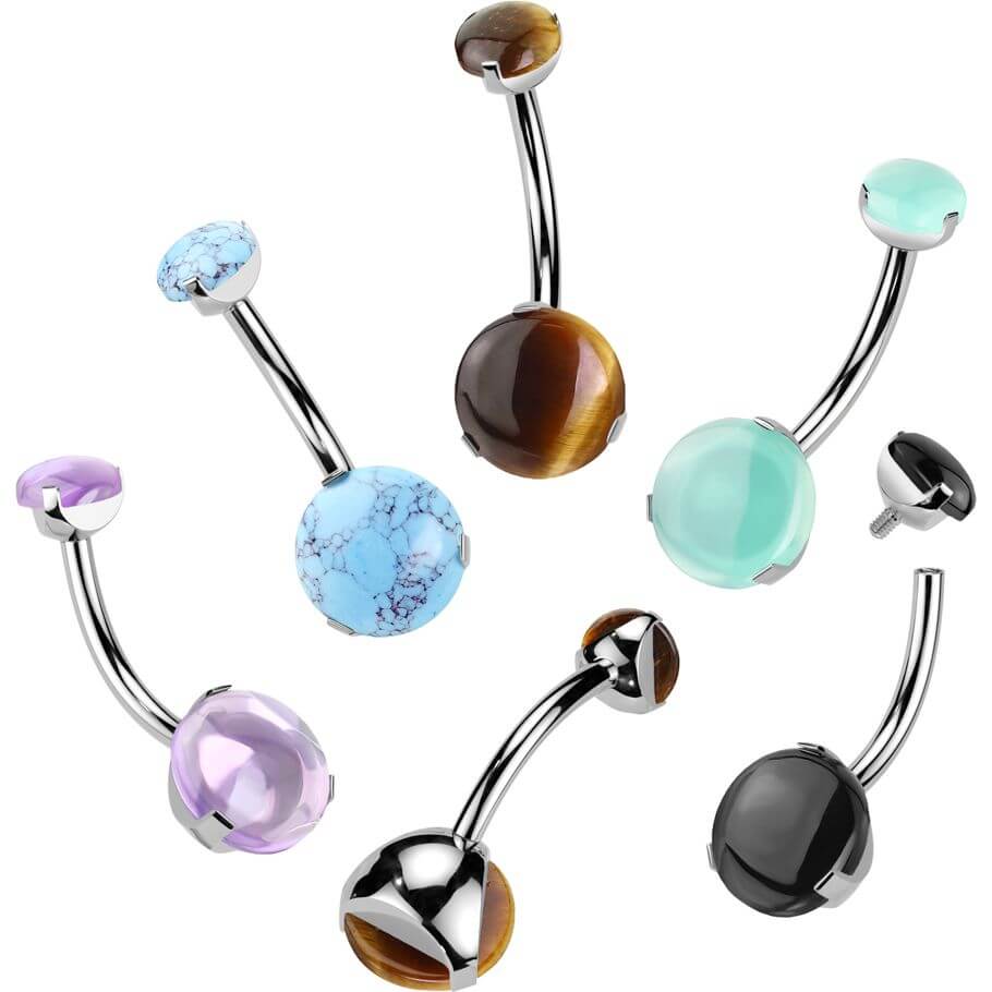 Titanium Belly Button Piercing ball natural stone prong setting Internally Threaded - Image 3