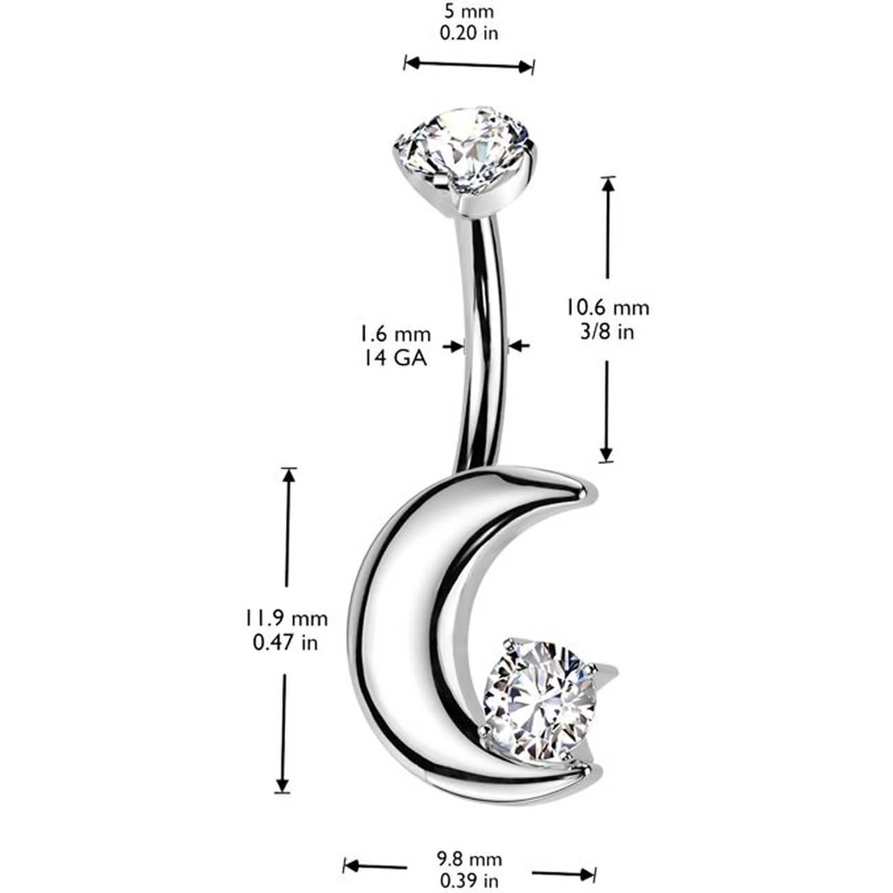 Titanium Belly Button Piercing quarter moon zirconia star Internally Threaded - Image 2