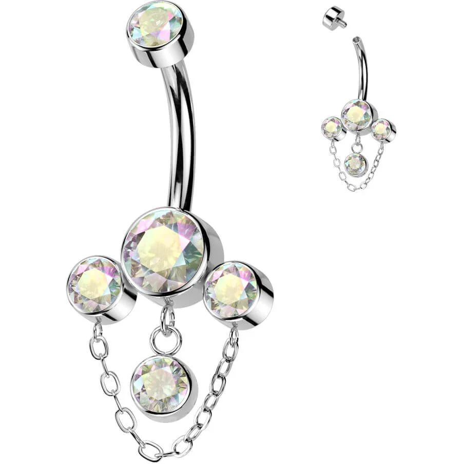 Titanium Belly Button Piercing 3 zirconias chain dangle Internally Threaded - Image 5