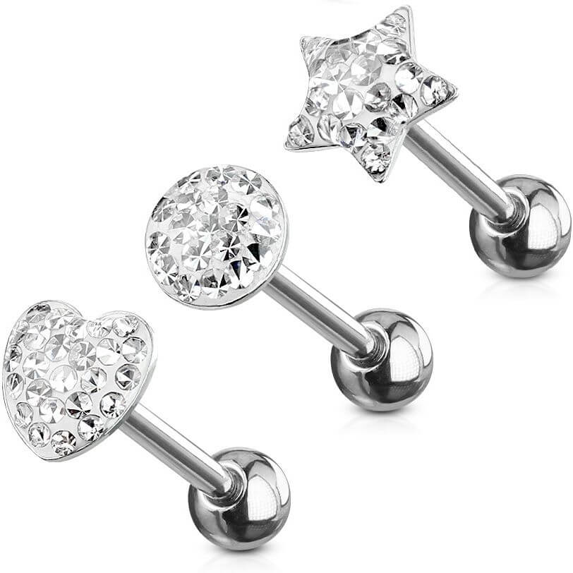 Tongue Barbell Ball Star Heart, 3 pieces