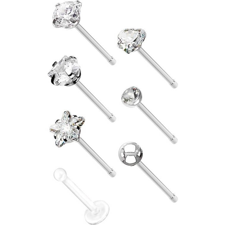 Nose Stud Set Zirconia, 7 pieces