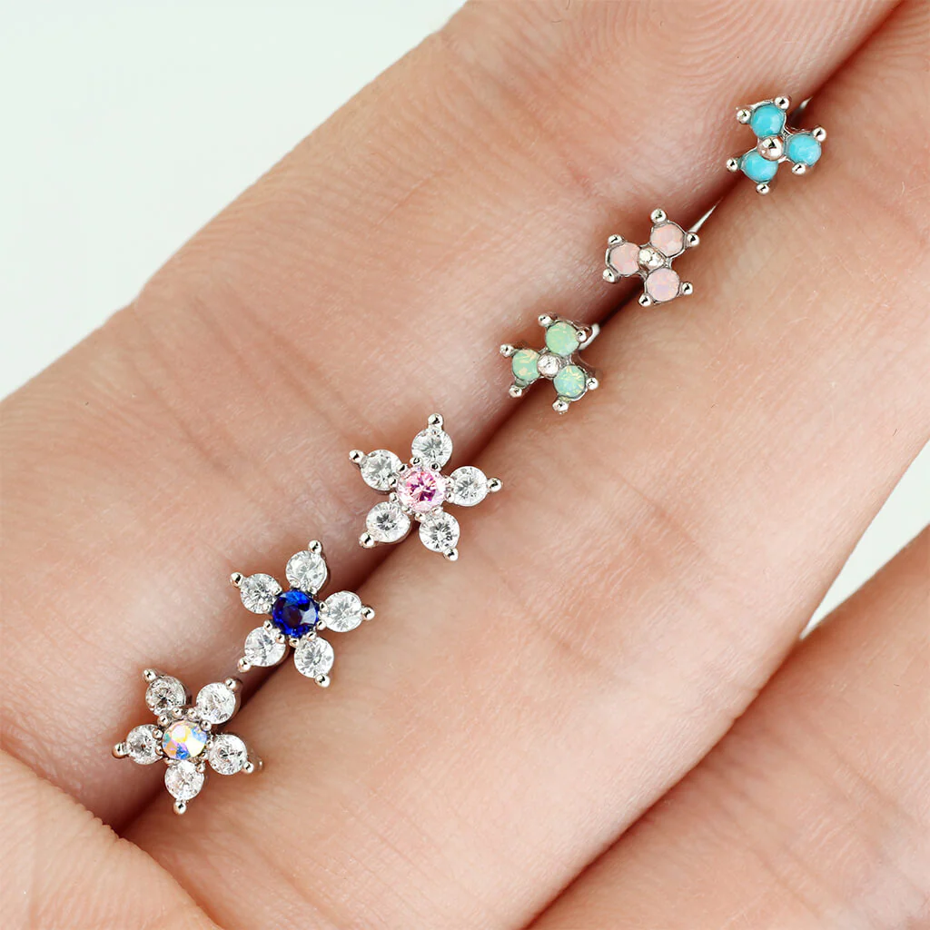 Nose L-Shape Flowers Zirconia Silver, 6  pieces - Image 3
