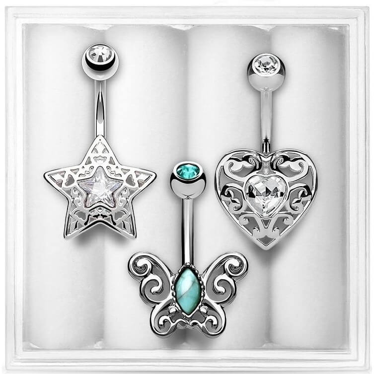 Belly Button Piercing Set Zirconia, 3  pieces