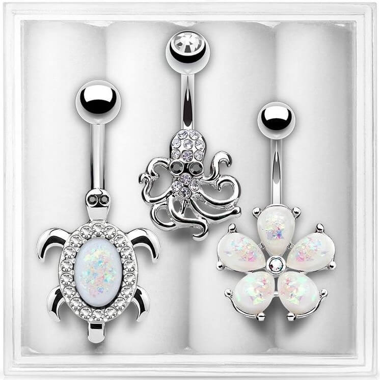 Belly Button Piercing Set Zirconia Opal Siber, 3  pieces
