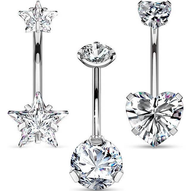Belly Button Piercing Set Zirconia Gold Internally Threaded, 3  pieces