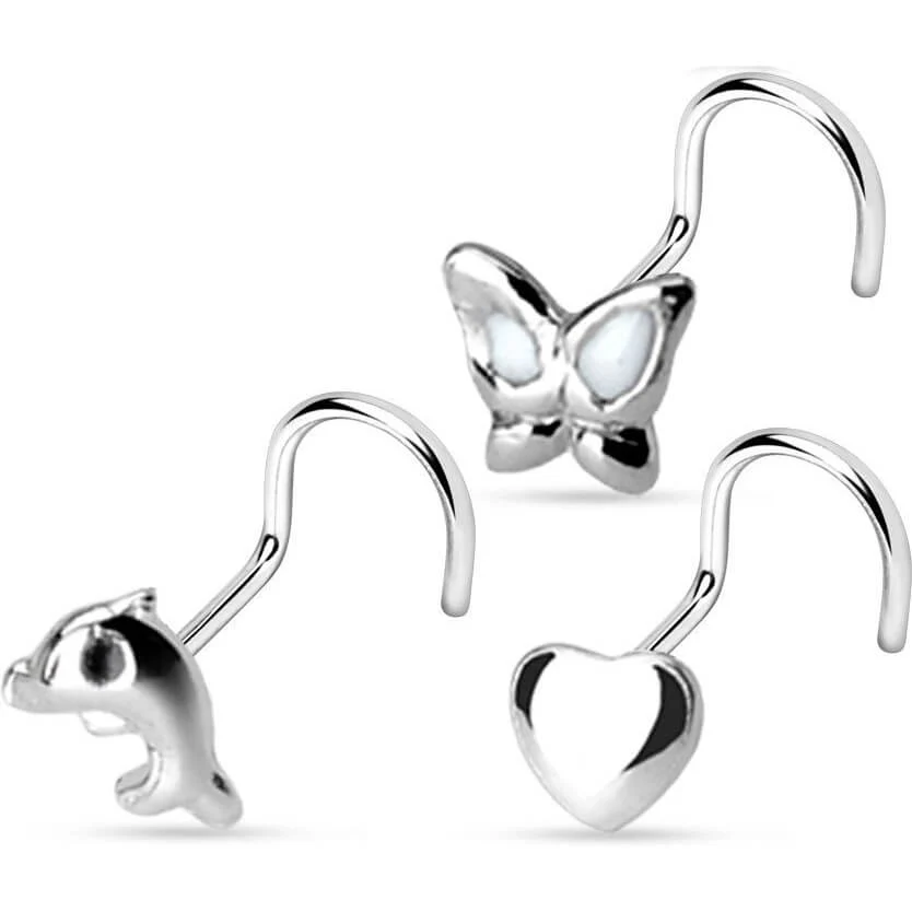 Silver 925 Nose Screw Set Butterfly Heart Dolphin Silver, 3 pieces
