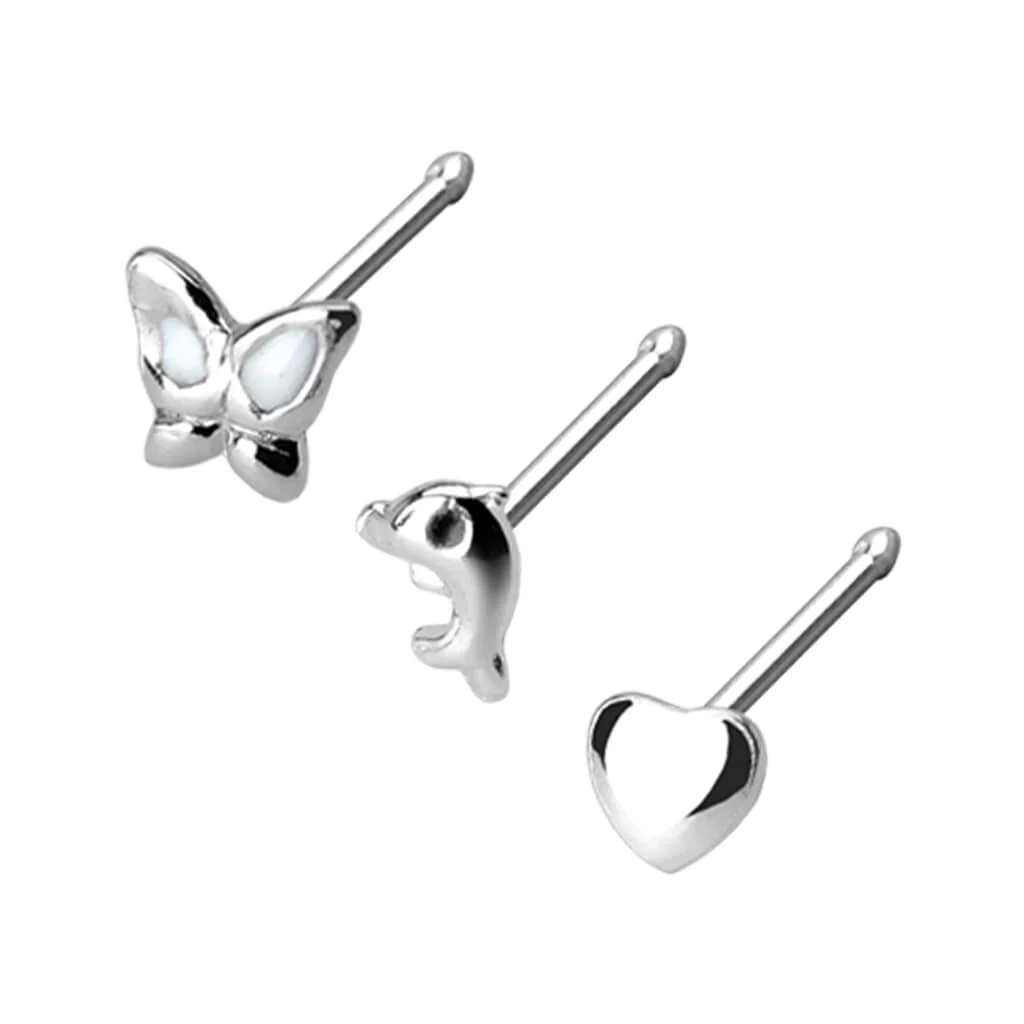 Silver 925 Nose Stud Set Butterfly Heart Dolphin Silver, 3 pieces - Image 2