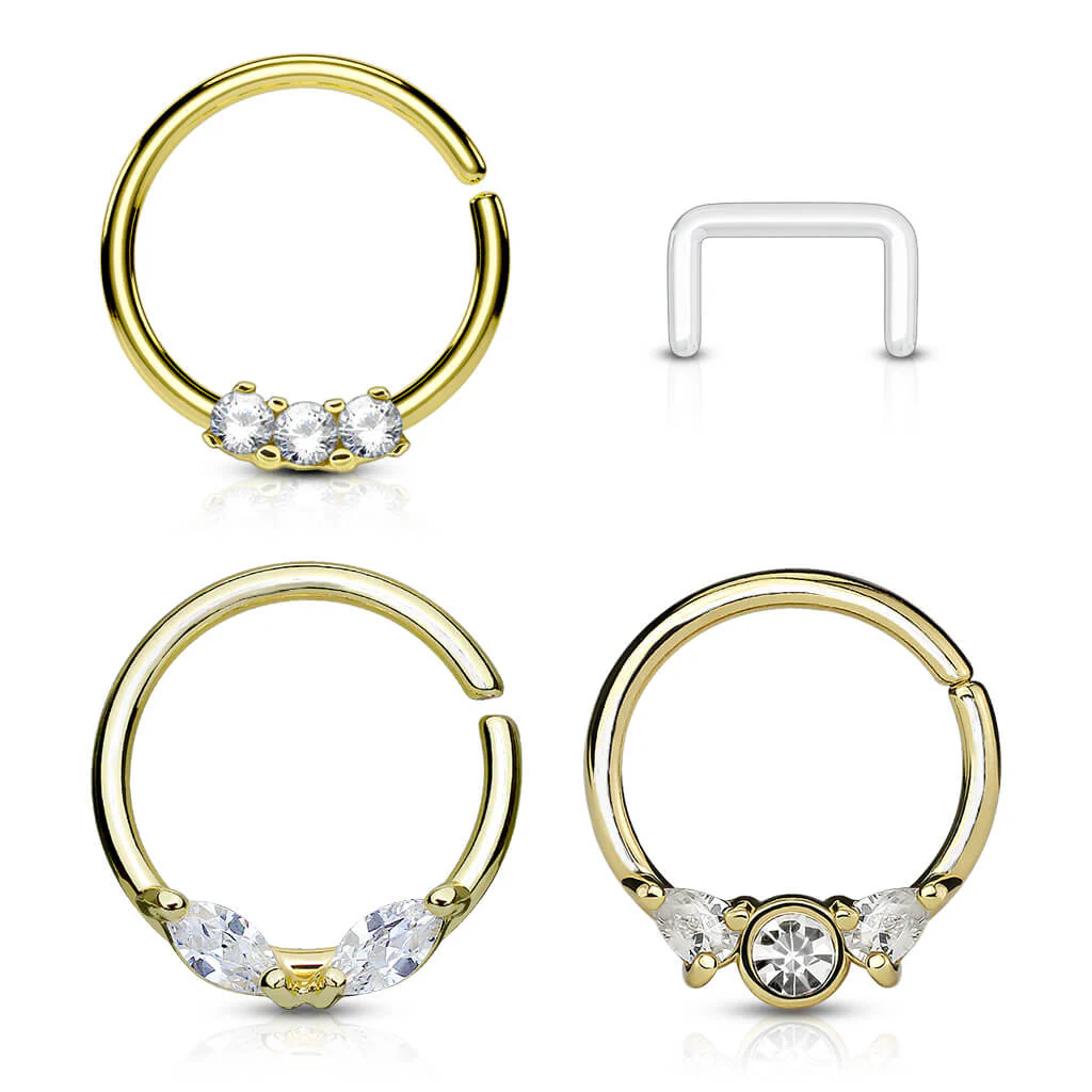Septum Piercing Set Retainer Ring Zirconia Gold Bendable, 3 pieces - Image 2