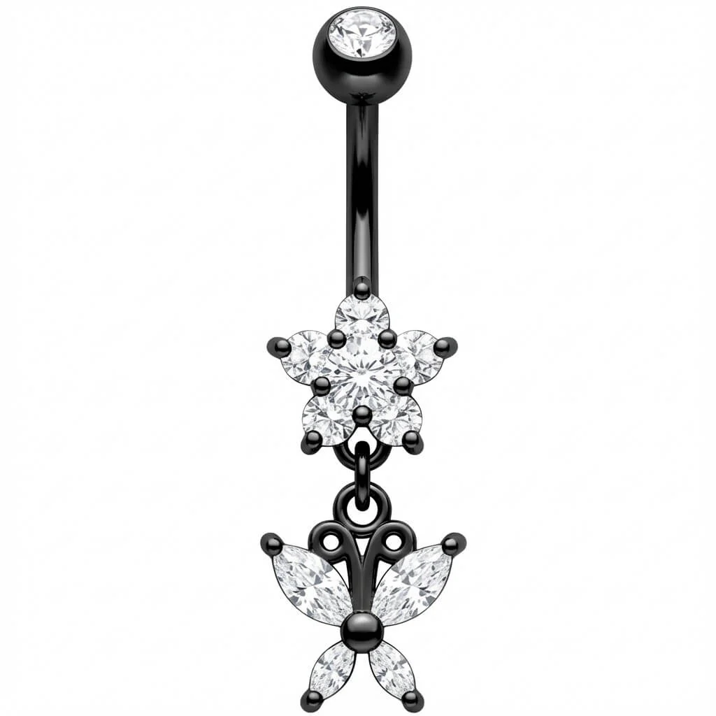 Belly Button Piercing Crystal Flower Dangle Butterfly - Image 3
