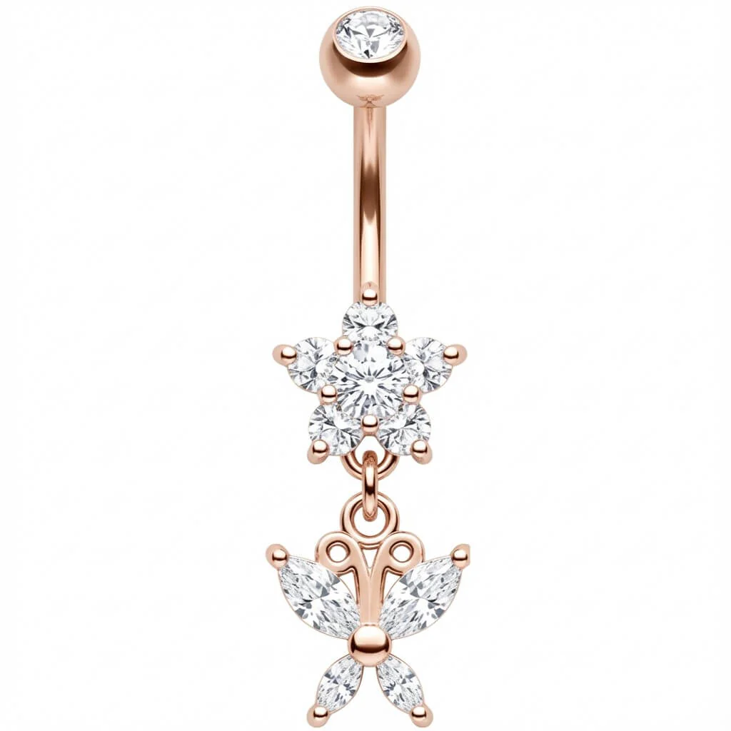 Belly Button Piercing Crystal Flower Dangle Butterfly - Image 5
