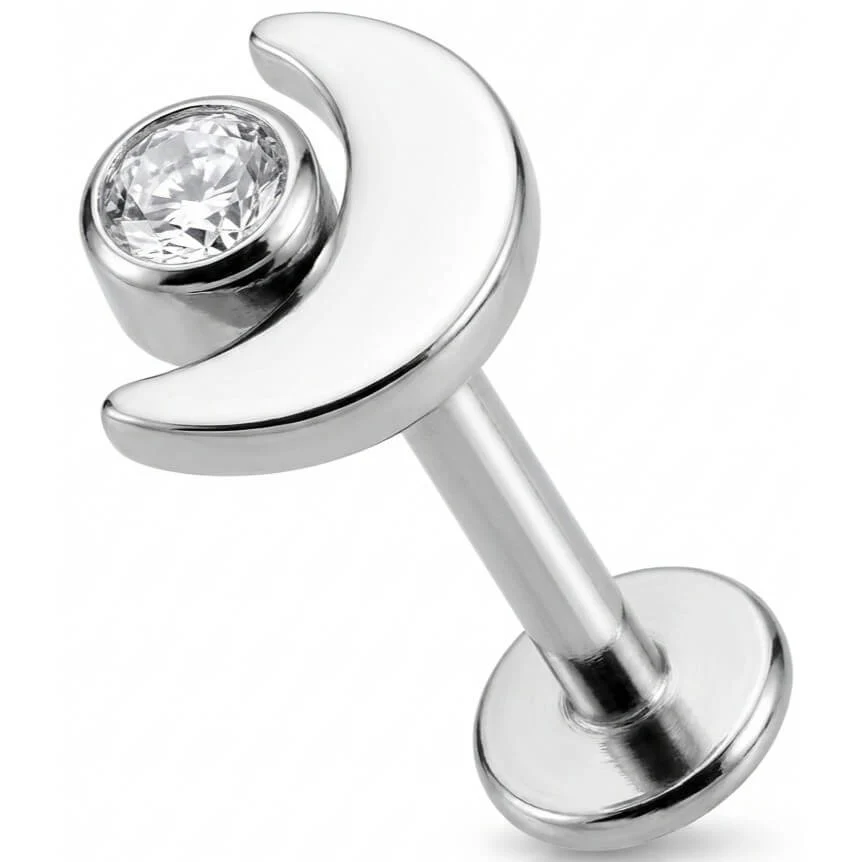 Titanium Labret Crescent Moon With Clear Crystal