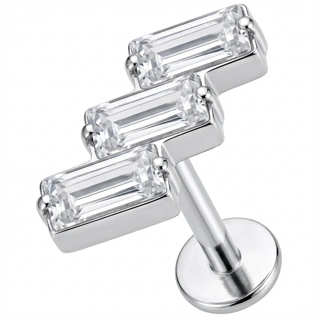 Titanium Labret Triple Baguette Crystal Cluster
