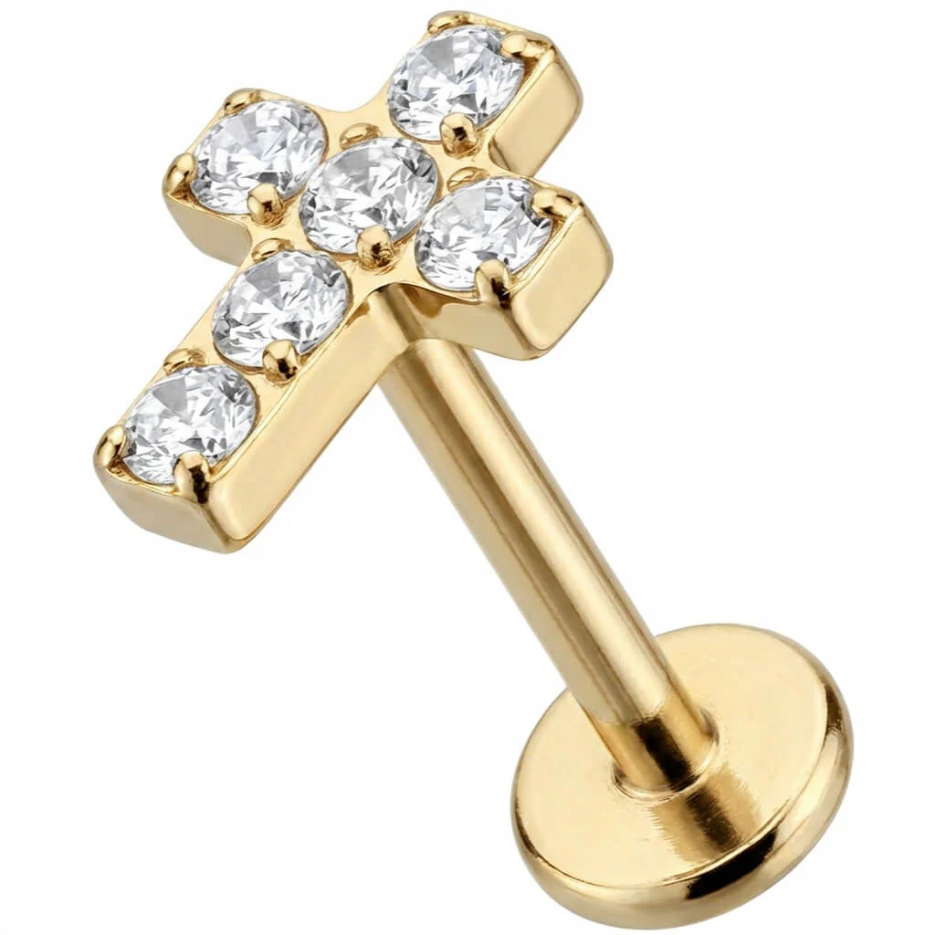 Titanium Labret Paved Crystal Cross Design - Image 3