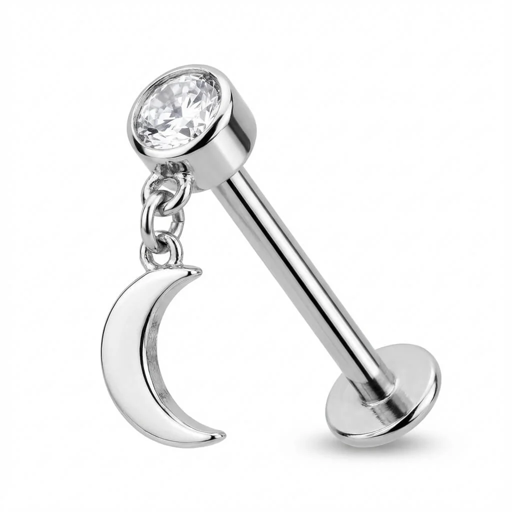 Titanium Labret Bezel Crystal With Dangle Moon