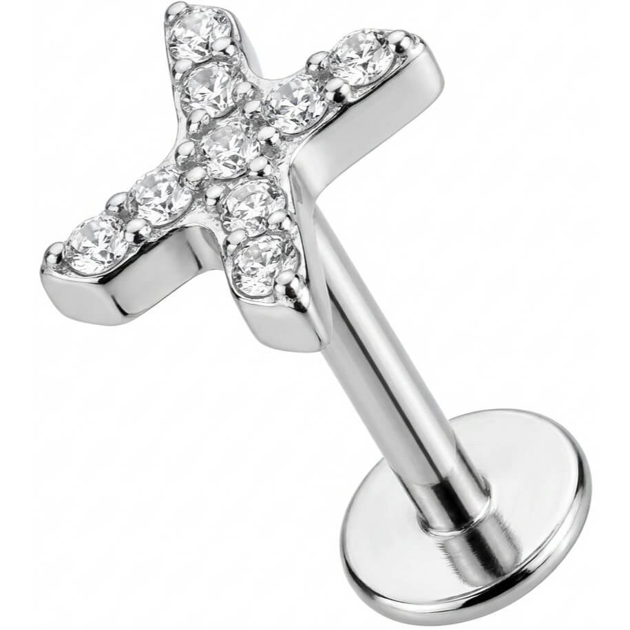 Titanium Labret Crystal Paved X Shape