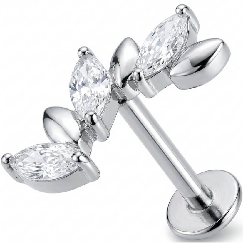Titanium Labret Crystal And Metal Leaf Vine