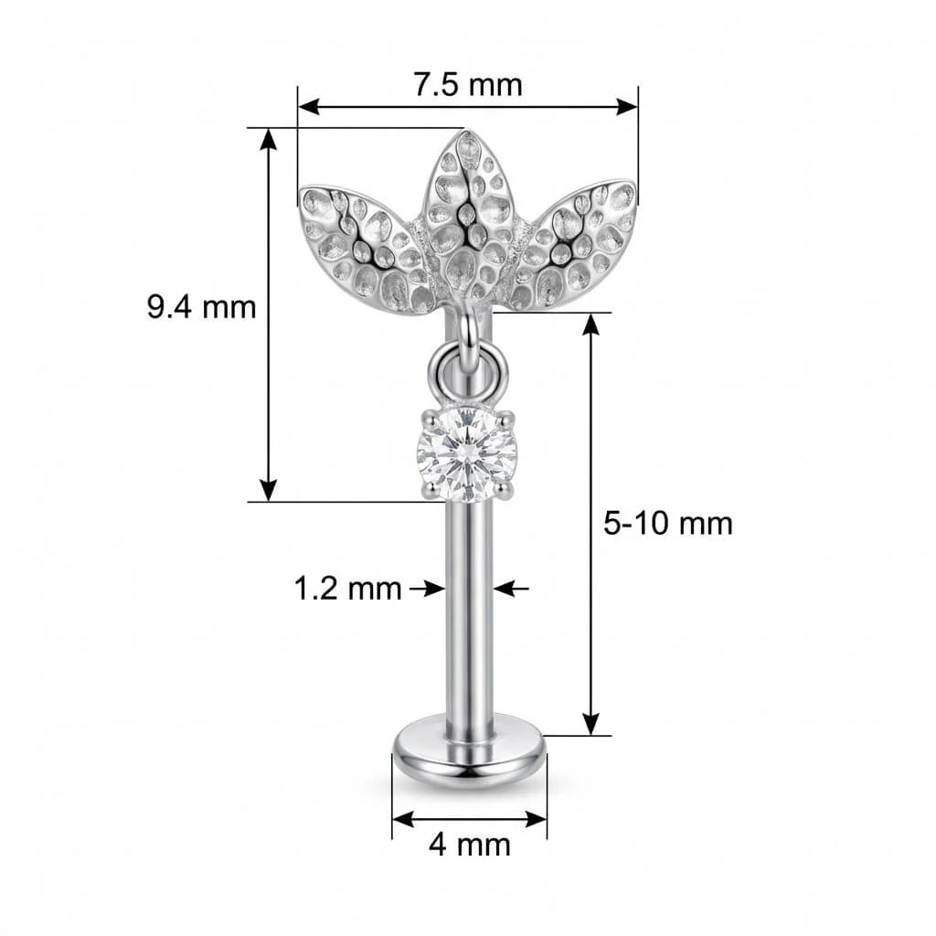Titanium Labret Textured Leaves Crystal Dangle - Image 2