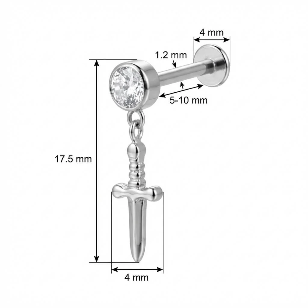 Titanium Labret Dangling Dagger With Clear Crystal - Image 2